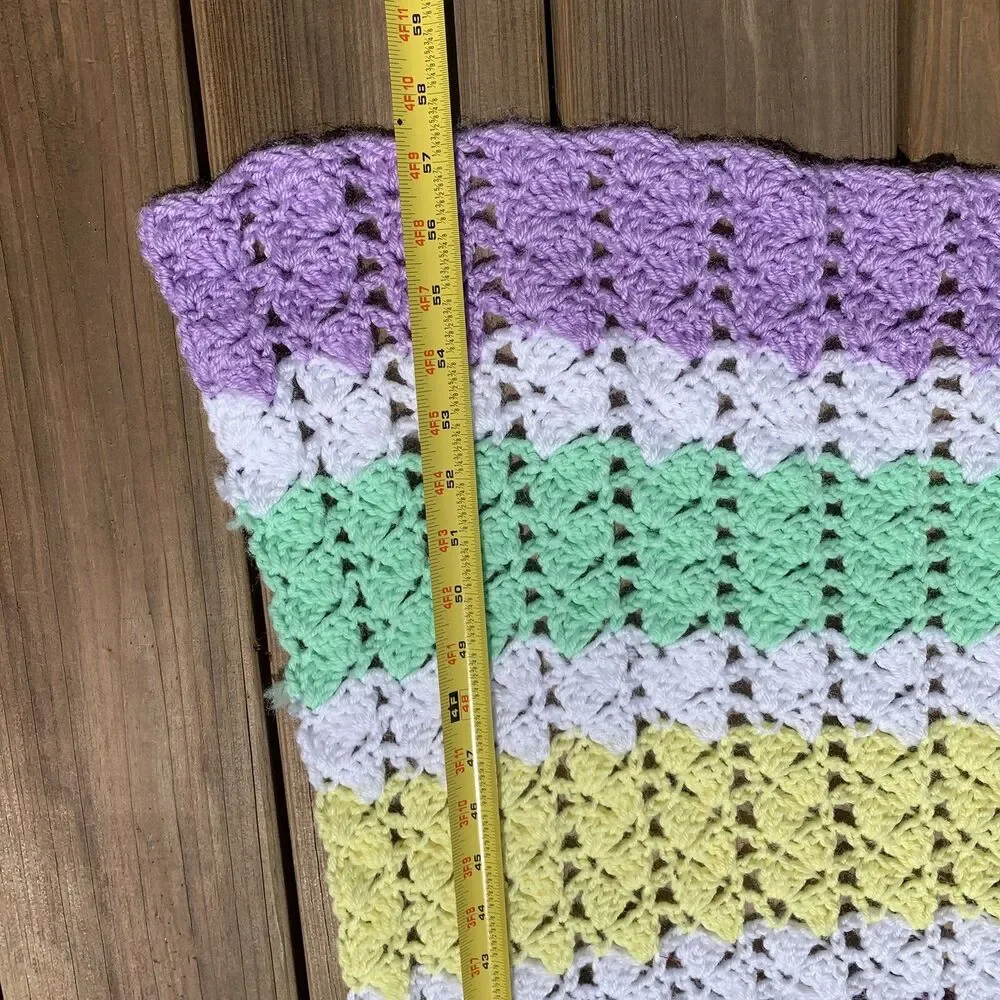 Afghan Blanket Knit Handmade Crochet Baby Throw Vintage 45” x 57” Pastel Colors